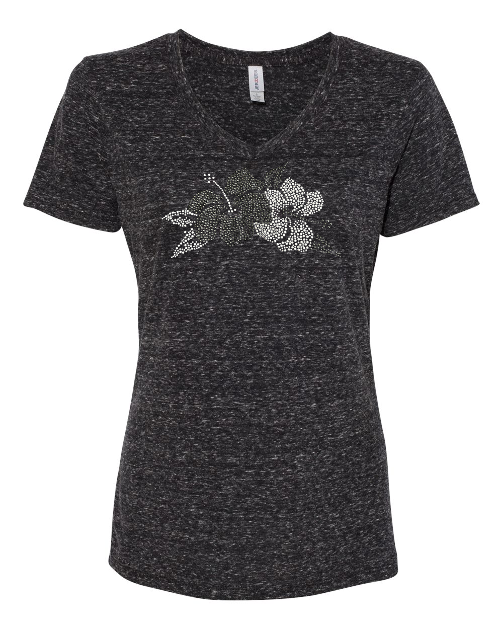 Rhinestone Black Hibiscus V-Neck